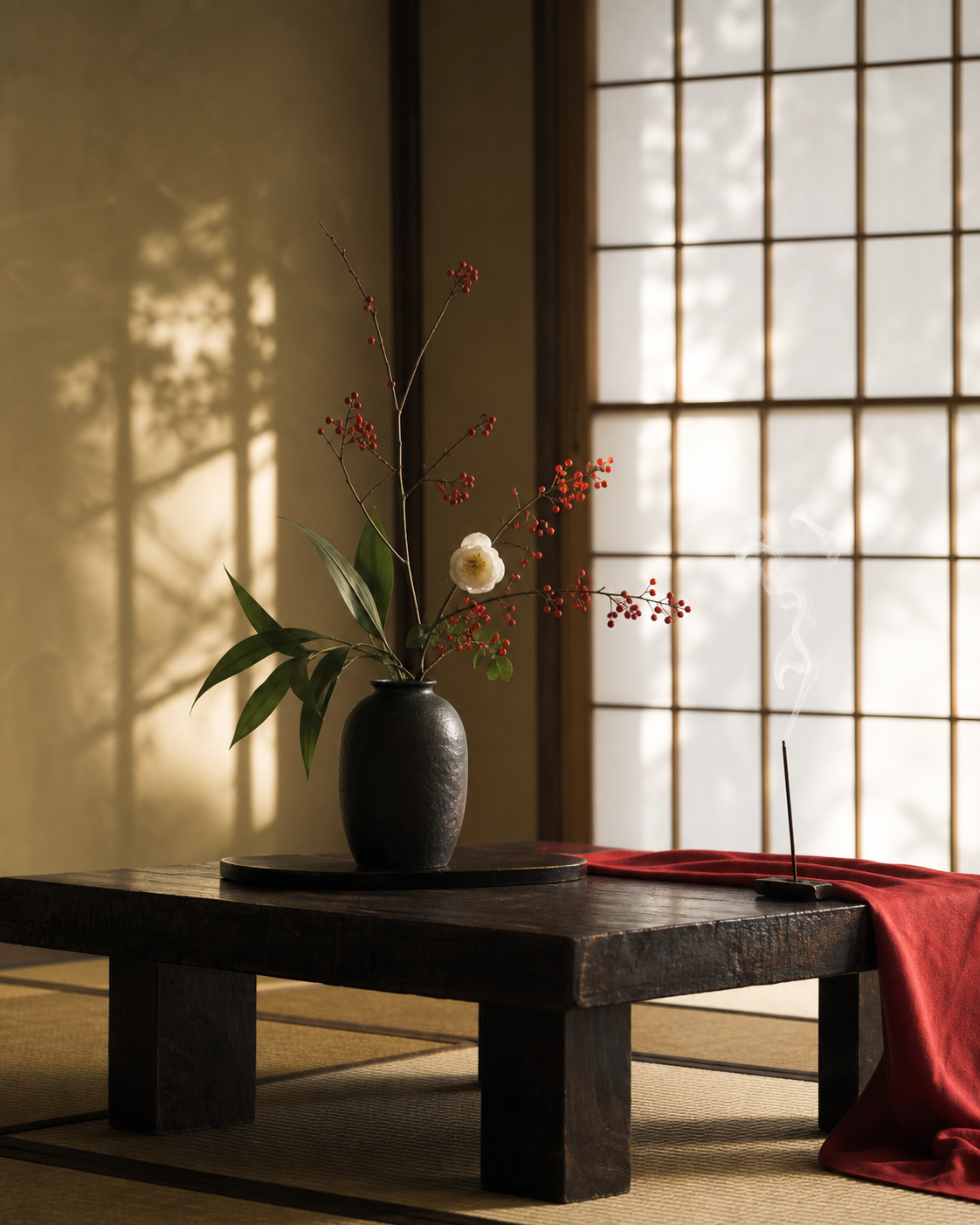 Traditionelles japanisches Ambiente: Tatami, Ikebana und Räucherwerk vor einer Shoji-Wand