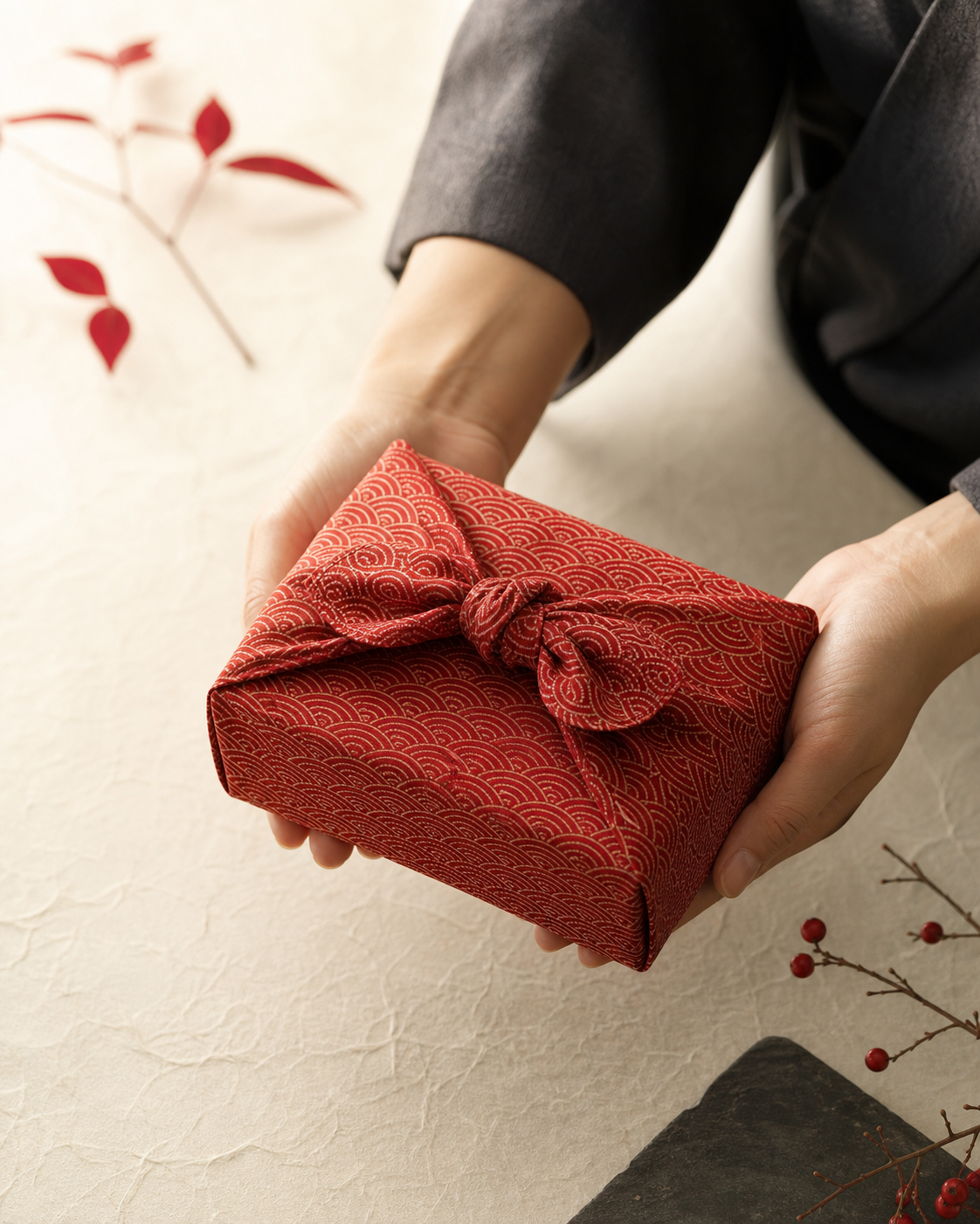 Geschenk im japanischen Stil in ein geknotetes Furoshiki-Tuch verpackt