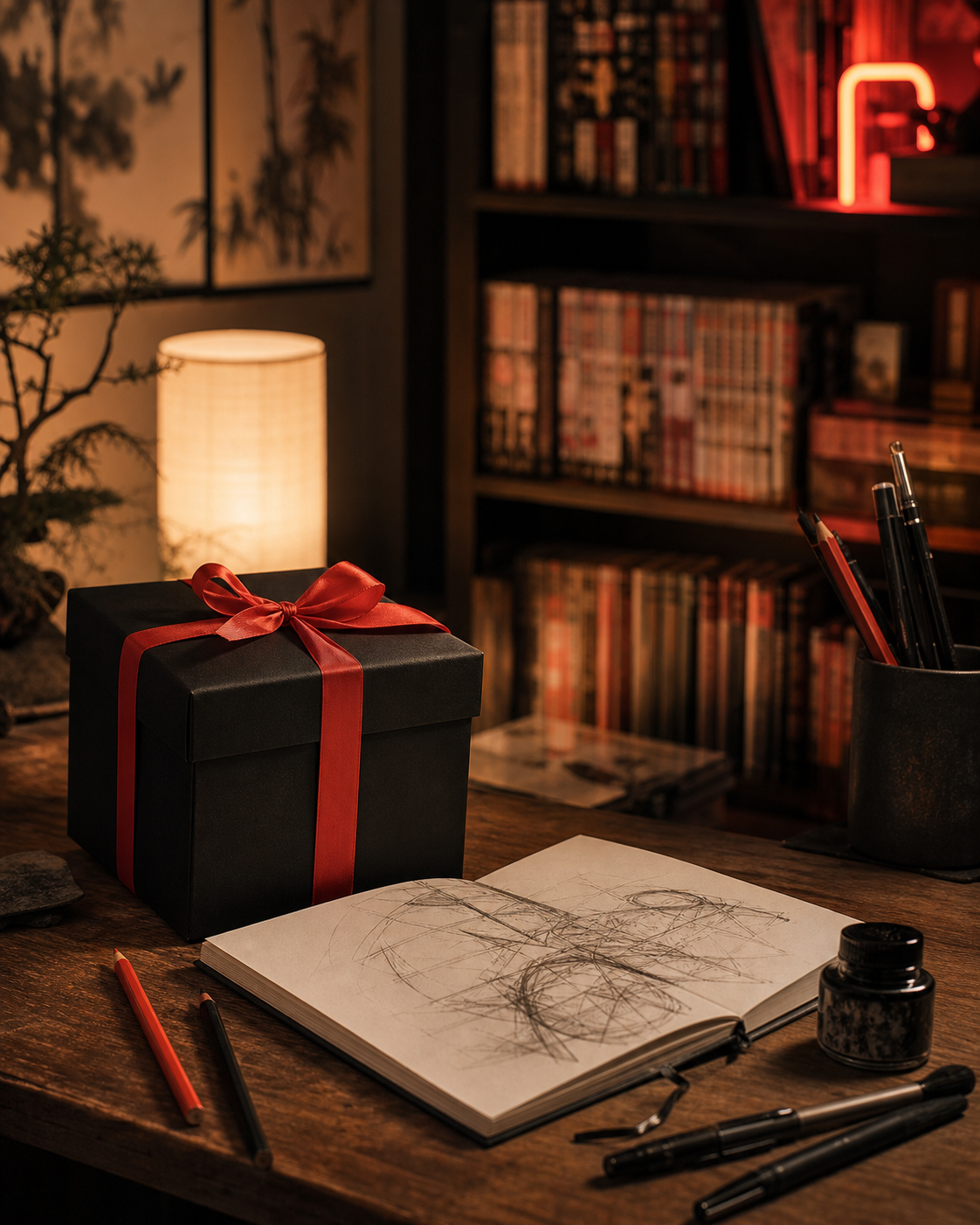 Geschenk für Manga-Fans auf einem Schreibtisch vor einem Manga-Regal