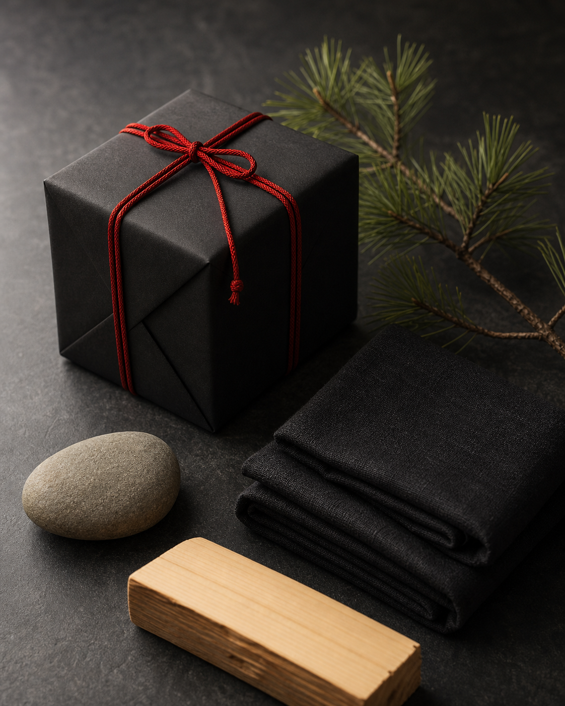 Japan Geschenkidee für Männer: schwarz-rot verpackte Geschenkbox auf Schiefer