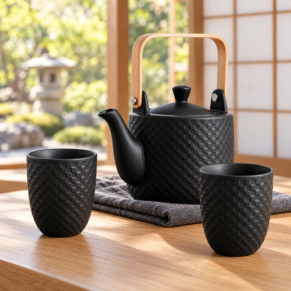 Japanisches Teeservice Ichimatsu – Kanne und 2 Becher