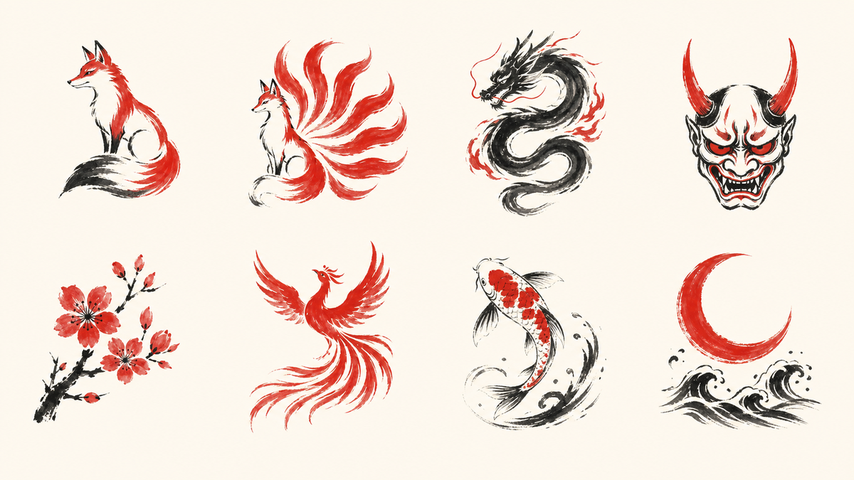 Infografik: Bedeutung der japanischen Motive Kitsune, Drache, Oni, Sakura und Koi